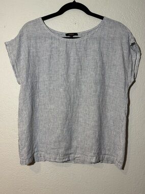 Quince- Blue & White Striped Lightweight Scoop Neck Linen Blouse Size Small